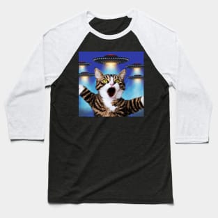 Selfie of Funny Cat And Aliens UFOs 3 Baseball T-Shirt